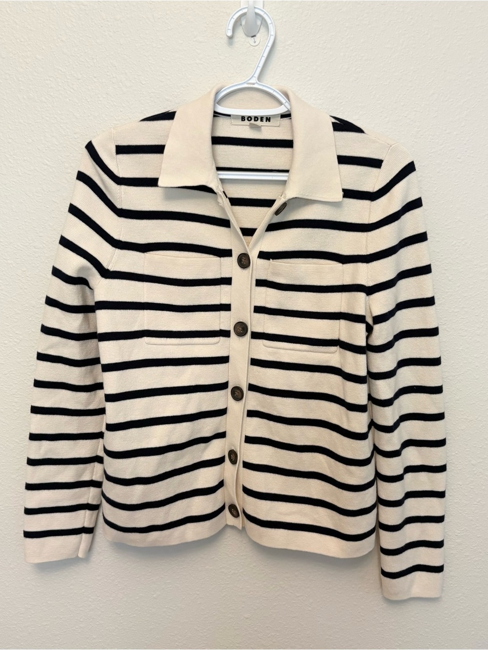 Boden Womens Cream Black Striped Button Collared Cardigan Sweater Size S Classic